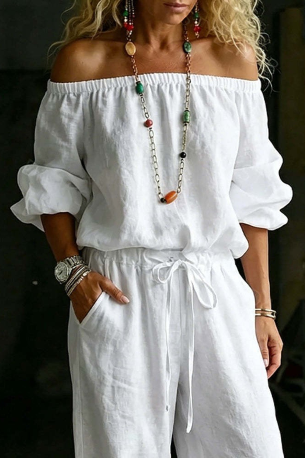 Rhythmia Full Size Off-Shoulder Top and Pants Set Plus Size